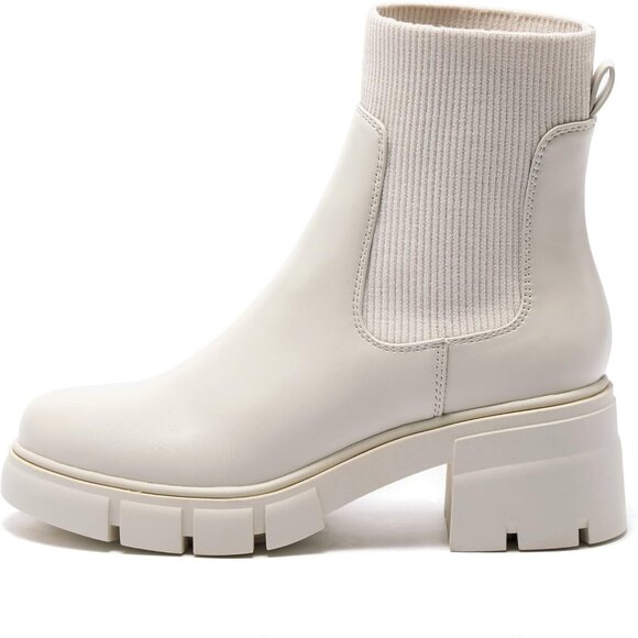 Women's Cream Elastic Chelsea Boots Chunky Block Heel Platform Ankle Boots - Picture 2 of 7